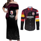 Queensland Papua New Guinea Custom Couples Matching Off Shoulder Maxi Dress and Long Sleeve Button Shirt All Black Pacific PNG Tribal Style