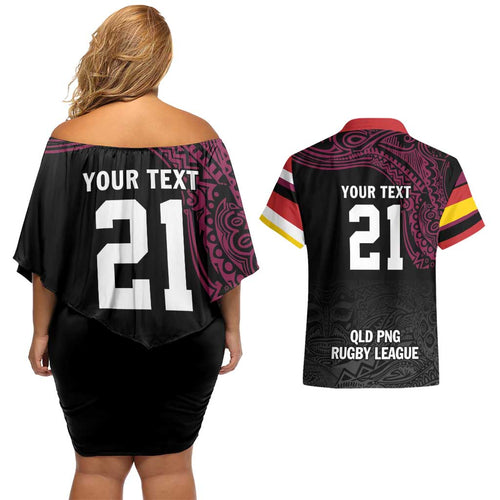Queensland Papua New Guinea Custom Couples Matching Off Shoulder Short Dress and Hawaiian Shirt All Black Pacific PNG Tribal Style