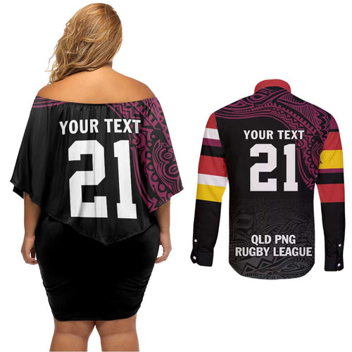 Queensland Papua New Guinea Custom Couples Matching Off Shoulder Short Dress and Long Sleeve Button Shirt All Black Pacific PNG Tribal Style