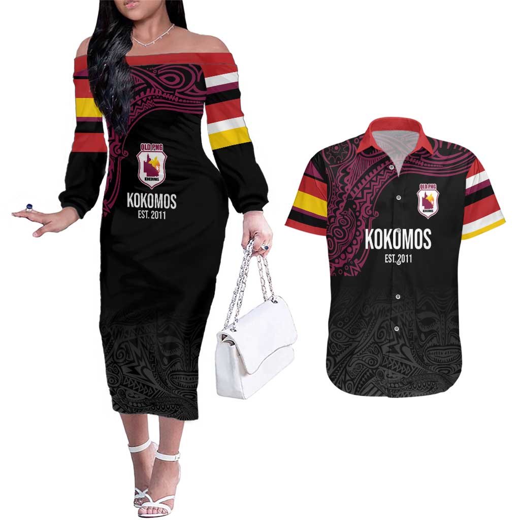 Queensland Papua New Guinea Custom Couples Matching Off The Shoulder Long Sleeve Dress and Hawaiian Shirt All Black Pacific PNG Tribal Style