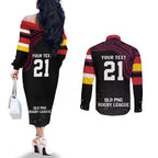 Queensland Papua New Guinea Custom Couples Matching Off The Shoulder Long Sleeve Dress and Long Sleeve Button Shirt All Black Pacific PNG Tribal Style