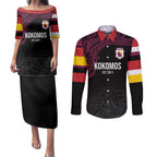 Queensland Papua New Guinea Custom Couples Matching Puletasi and Long Sleeve Button Shirt All Black Pacific PNG Tribal Style