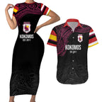 Queensland Papua New Guinea Custom Couples Matching Short Sleeve Bodycon Dress and Hawaiian Shirt All Black Pacific PNG Tribal Style