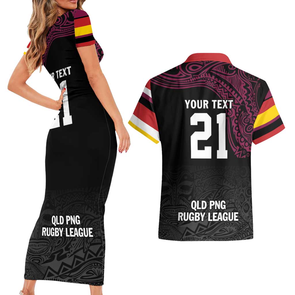 Queensland Papua New Guinea Custom Couples Matching Short Sleeve Bodycon Dress and Hawaiian Shirt All Black Pacific PNG Tribal Style
