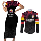 Queensland Papua New Guinea Custom Couples Matching Short Sleeve Bodycon Dress and Long Sleeve Button Shirt All Black Pacific PNG Tribal Style