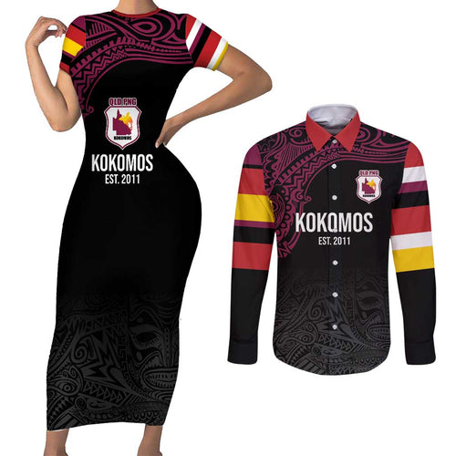 Queensland Papua New Guinea Custom Couples Matching Short Sleeve Bodycon Dress and Long Sleeve Button Shirt All Black Pacific PNG Tribal Style