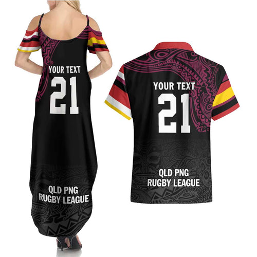 Queensland Papua New Guinea Custom Couples Matching Summer Maxi Dress and Hawaiian Shirt All Black Pacific PNG Tribal Style