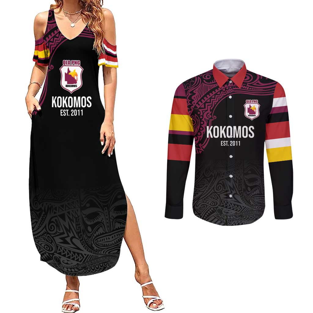 Queensland Papua New Guinea Custom Couples Matching Summer Maxi Dress and Long Sleeve Button Shirt All Black Pacific PNG Tribal Style