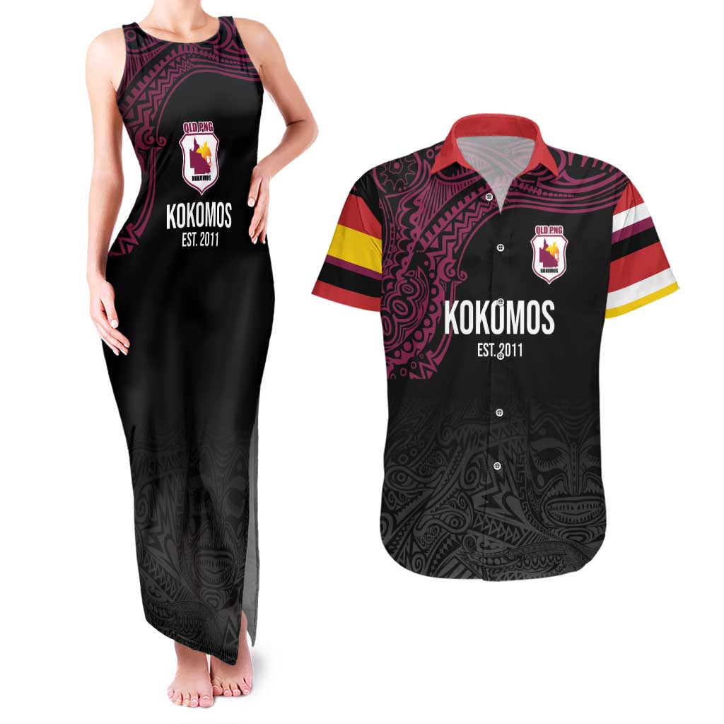 Queensland Papua New Guinea Custom Couples Matching Tank Maxi Dress and Hawaiian Shirt All Black Pacific PNG Tribal Style