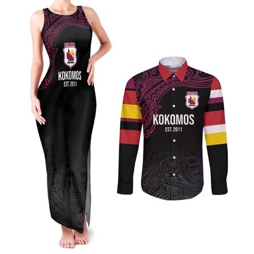 Queensland Papua New Guinea Custom Couples Matching Tank Maxi Dress and Long Sleeve Button Shirt All Black Pacific PNG Tribal Style