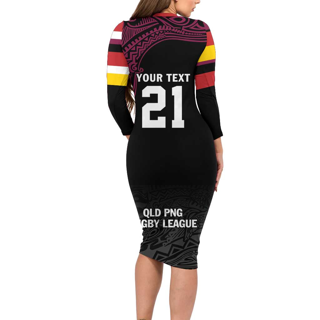 Queensland Papua New Guinea Custom Family Matching Long Sleeve Bodycon Dress and Hawaiian Shirt All Black Pacific PNG Tribal Style