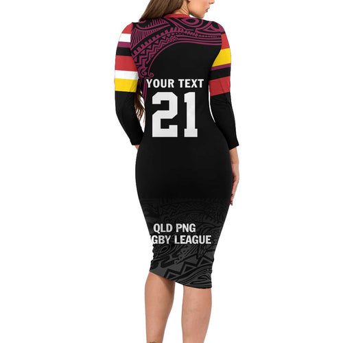 Queensland Papua New Guinea Custom Family Matching Long Sleeve Bodycon Dress and Hawaiian Shirt All Black Pacific PNG Tribal Style