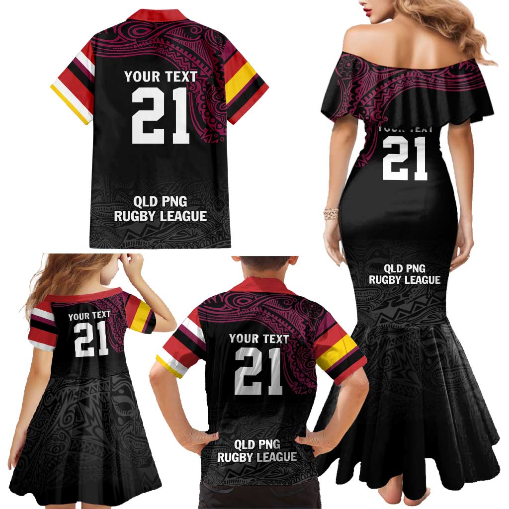 Queensland Papua New Guinea Custom Family Matching Mermaid Dress and Hawaiian Shirt All Black Pacific PNG Tribal Style