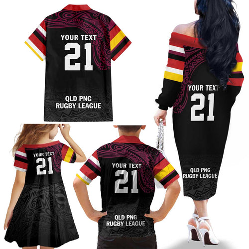 Queensland Papua New Guinea Custom Family Matching Off The Shoulder Long Sleeve Dress and Hawaiian Shirt All Black Pacific PNG Tribal Style
