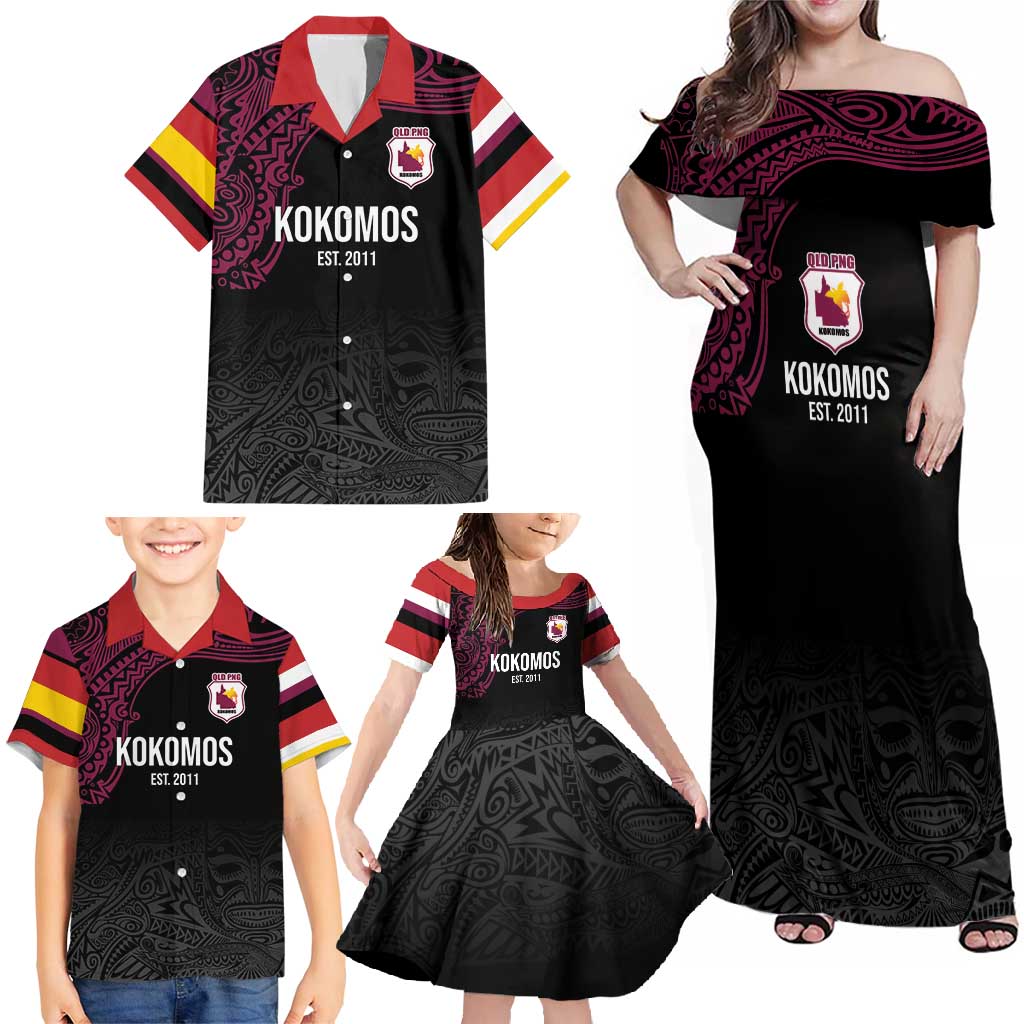 Queensland Papua New Guinea Custom Family Matching Off Shoulder Maxi Dress and Hawaiian Shirt All Black Pacific PNG Tribal Style
