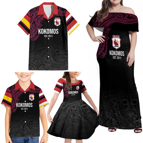Queensland Papua New Guinea Custom Family Matching Off Shoulder Maxi Dress and Hawaiian Shirt All Black Pacific PNG Tribal Style