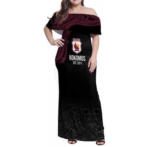 Queensland Papua New Guinea Custom Family Matching Off Shoulder Maxi Dress and Hawaiian Shirt All Black Pacific PNG Tribal Style