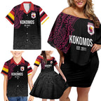 Queensland Papua New Guinea Custom Family Matching Off Shoulder Short Dress and Hawaiian Shirt All Black Pacific PNG Tribal Style