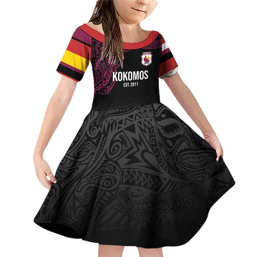 Queensland Papua New Guinea Custom Family Matching Off Shoulder Short Dress and Hawaiian Shirt All Black Pacific PNG Tribal Style