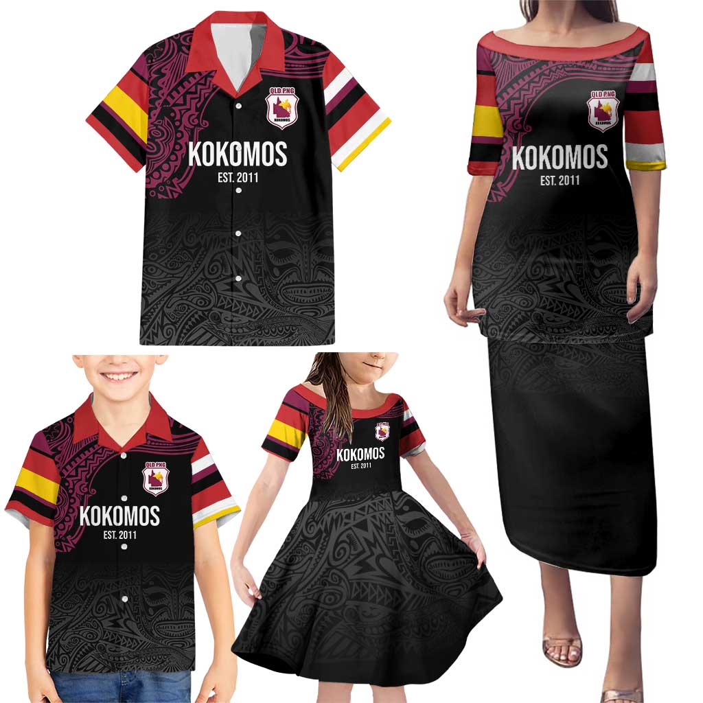 Queensland Papua New Guinea Custom Family Matching Puletasi and Hawaiian Shirt All Black Pacific PNG Tribal Style