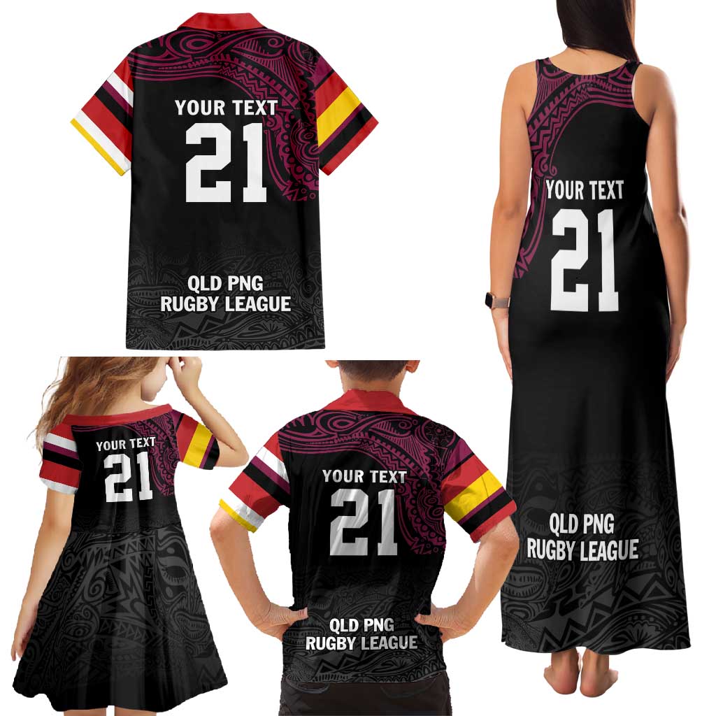 Queensland Papua New Guinea Custom Family Matching Tank Maxi Dress and Hawaiian Shirt All Black Pacific PNG Tribal Style