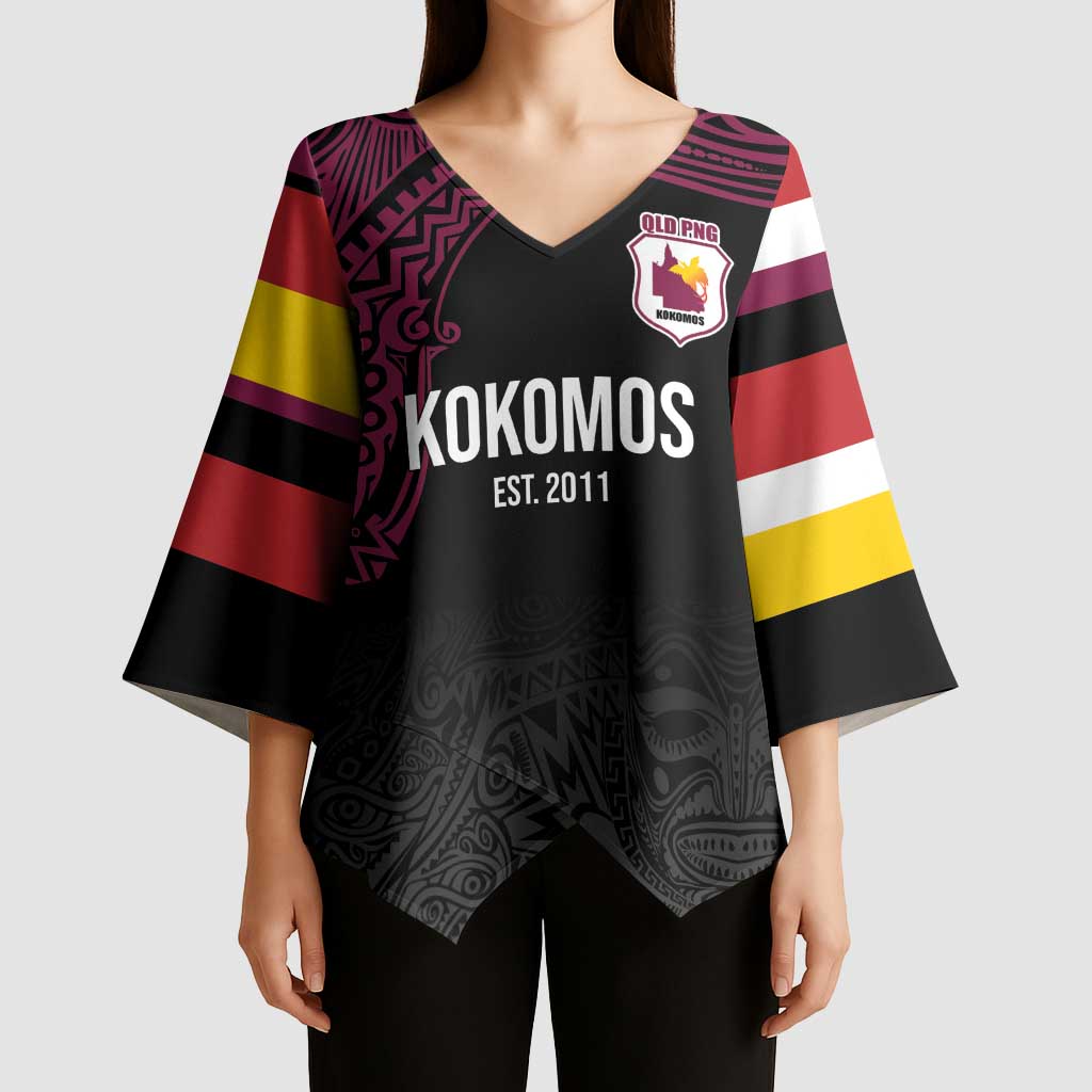 Queensland Papua New Guinea Custom Kimono Sleeve Blouse All Black Pacific PNG Tribal Style - Aussie Hoodie
