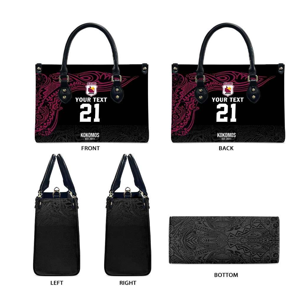Queensland Papua New Guinea Custom Leather Bag All Black Pacific PNG Tribal Style - Aussie Hoodie