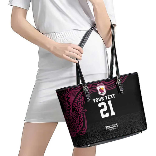 Queensland Papua New Guinea Custom Leather Tote Bag All Black Pacific PNG Tribal Style