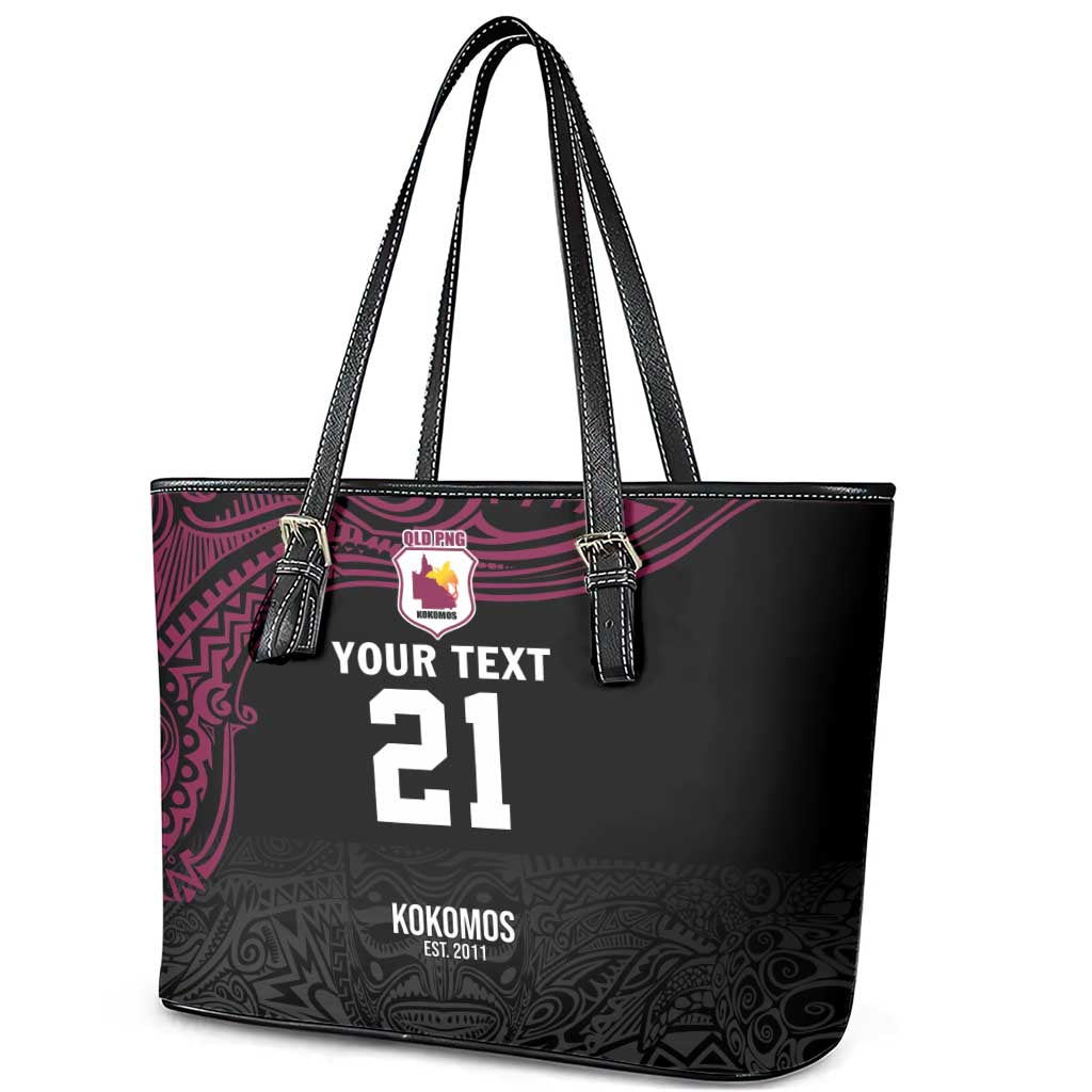 Queensland Papua New Guinea Custom Leather Tote Bag All Black Pacific PNG Tribal Style