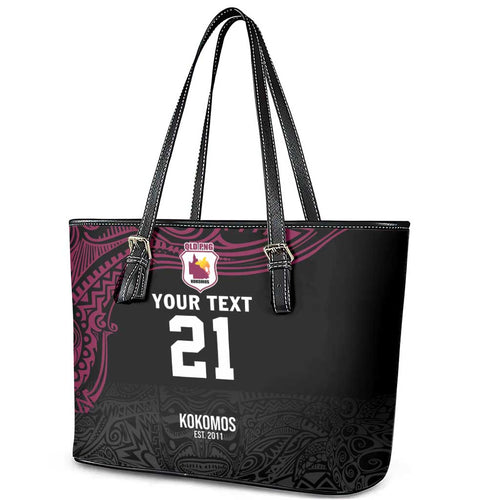 Queensland Papua New Guinea Custom Leather Tote Bag All Black Pacific PNG Tribal Style