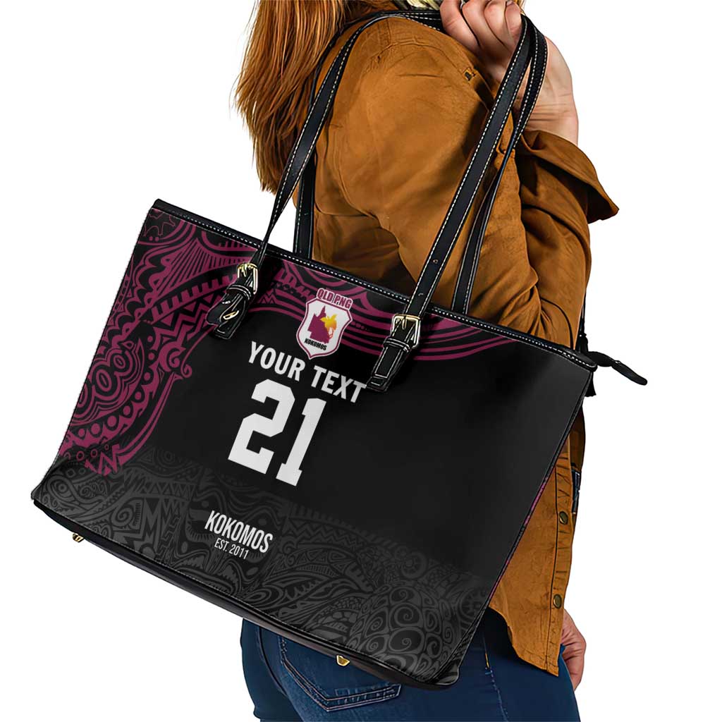 Queensland Papua New Guinea Custom Leather Tote Bag All Black Pacific PNG Tribal Style