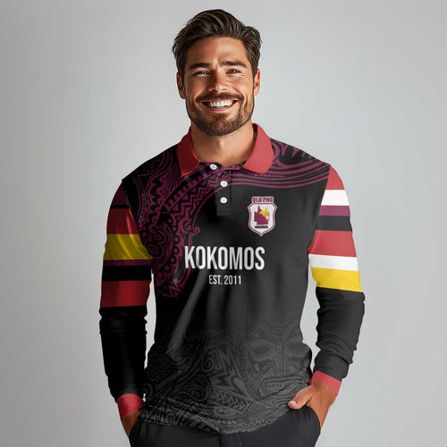 Queensland Papua New Guinea Custom Long Sleeve Polo Shirt All Black Pacific PNG Tribal Style