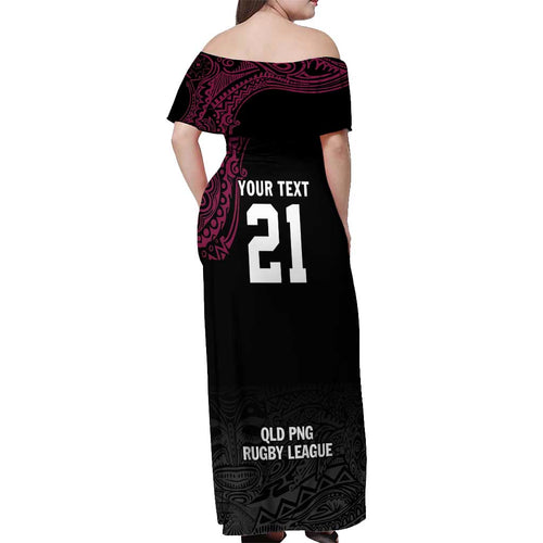 Queensland Papua New Guinea Custom Off Shoulder Maxi Dress All Black Pacific PNG Tribal Style