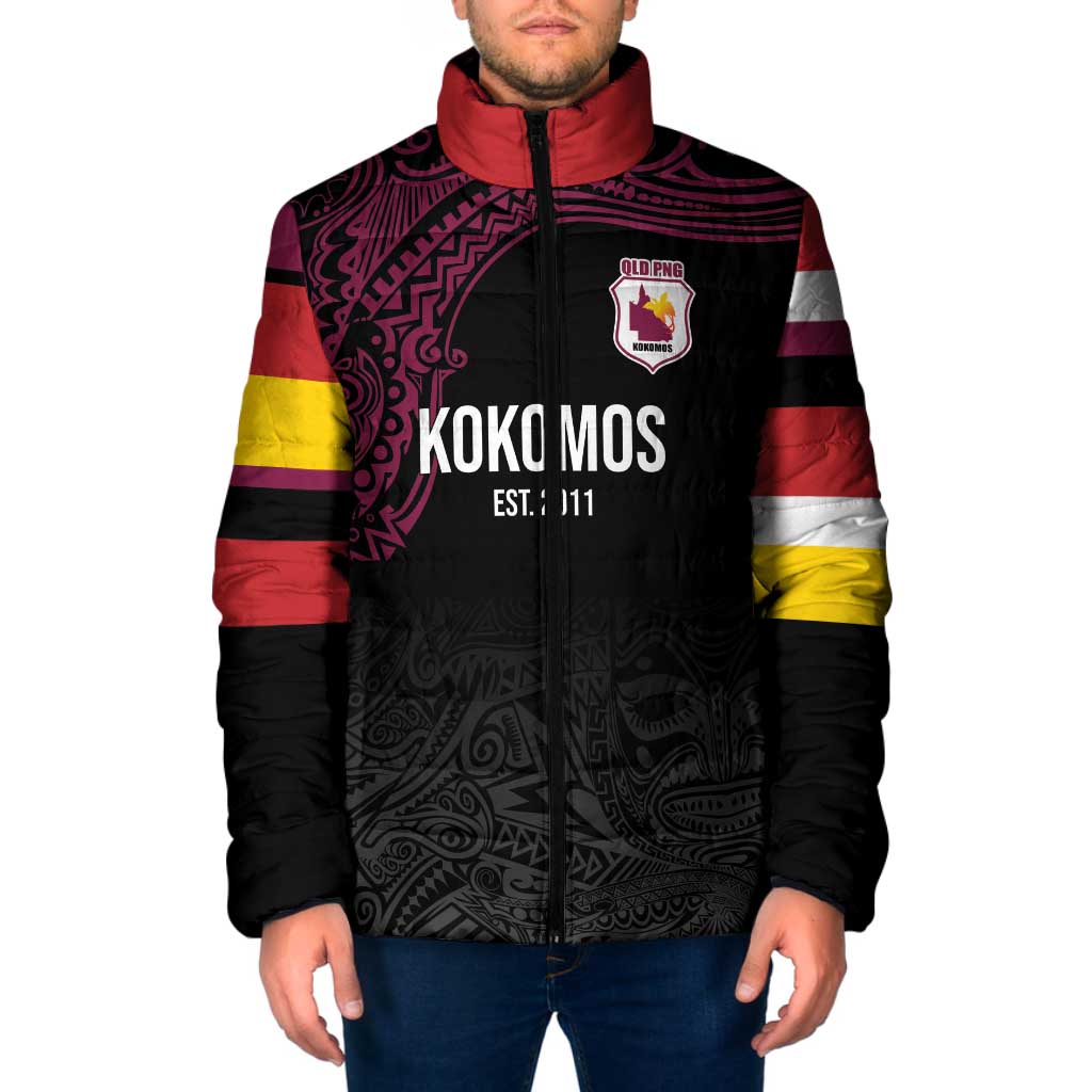Queensland Papua New Guinea Custom Padded Jacket All Black Pacific PNG Tribal Style - Aussie Hoodie