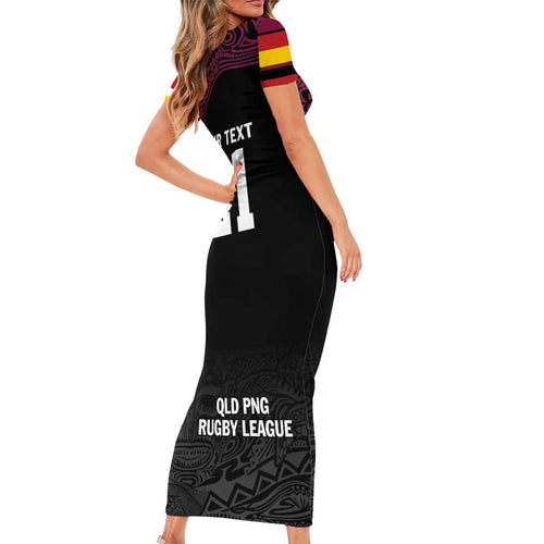 Queensland Papua New Guinea Custom Short Sleeve Bodycon Dress All Black Pacific PNG Tribal Style