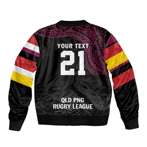 Queensland Papua New Guinea Custom Sleeve Zip Bomber Jacket All Black Pacific PNG Tribal Style