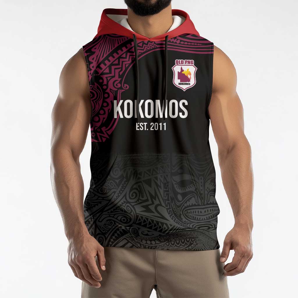 Queensland Papua New Guinea Custom Sleeveless Hoodie All Black Pacific PNG Tribal Style - Aussie Hoodie