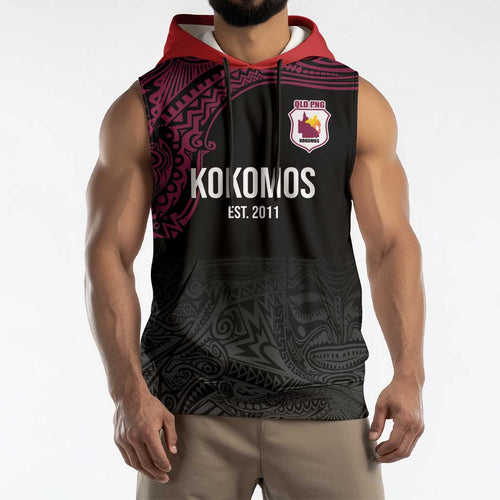 Queensland Papua New Guinea Custom Sleeveless Hoodie All Black Pacific PNG Tribal Style - Aussie Hoodie