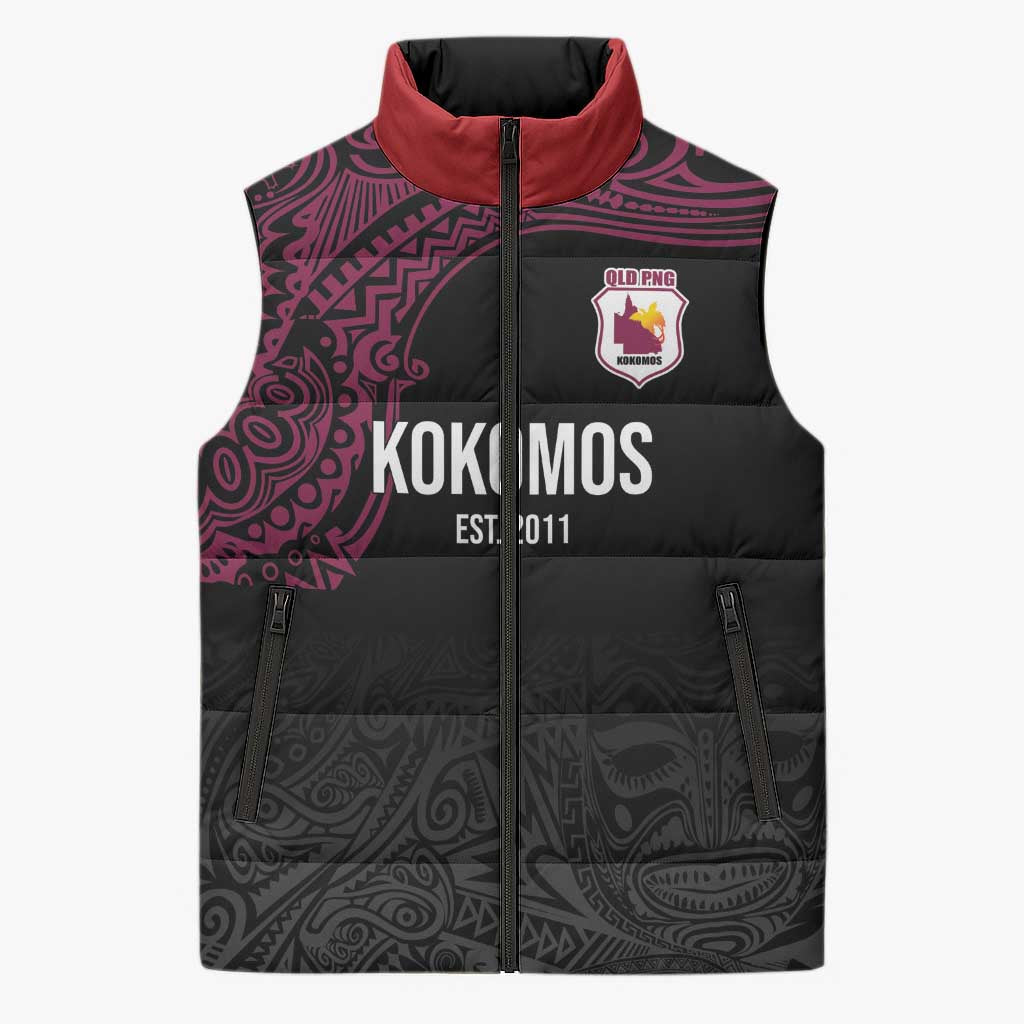 Queensland Papua New Guinea Custom Sleeveless Puffer Jacket All Black Pacific PNG Tribal Style - Aussie Hoodie