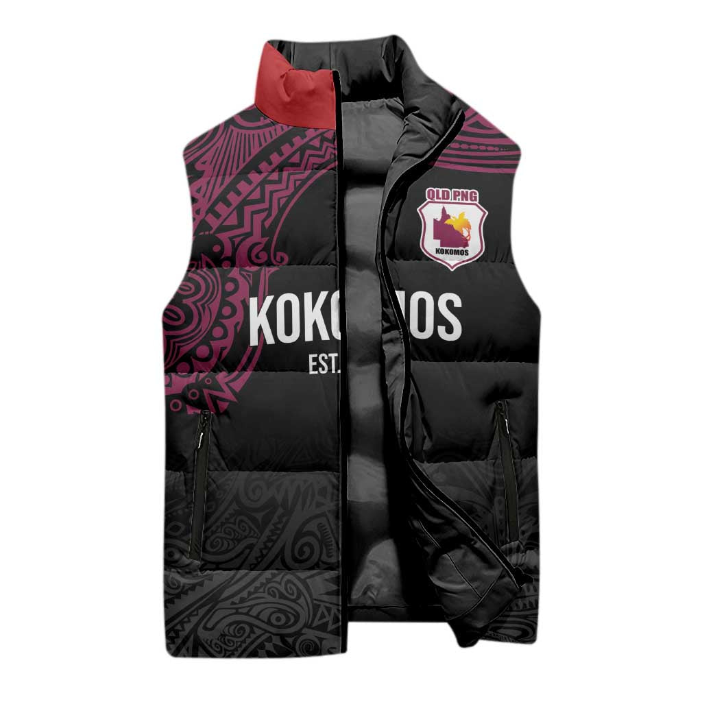 Queensland Papua New Guinea Custom Sleeveless Puffer Jacket All Black Pacific PNG Tribal Style - Aussie Hoodie