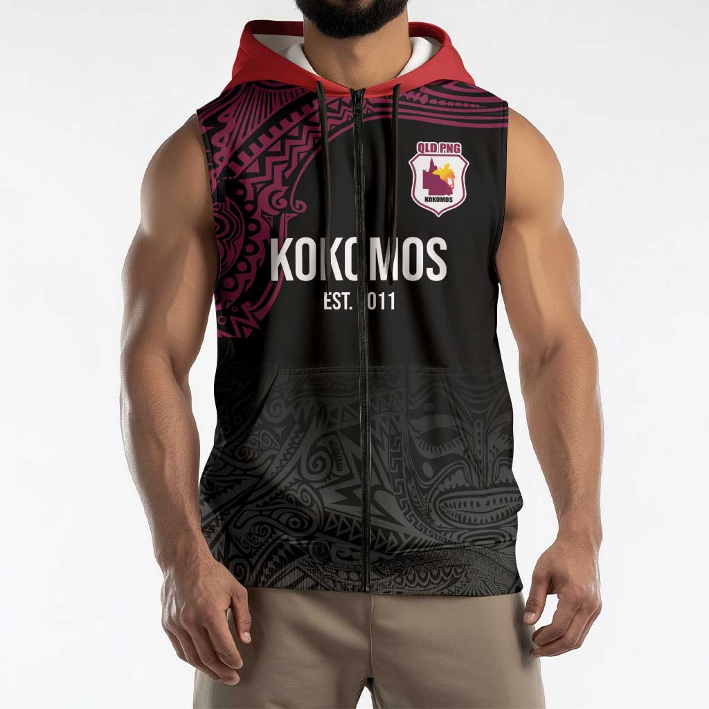 Queensland Papua New Guinea Custom Sleeveless Zip Hoodie All Black Pacific PNG Tribal Style LT9