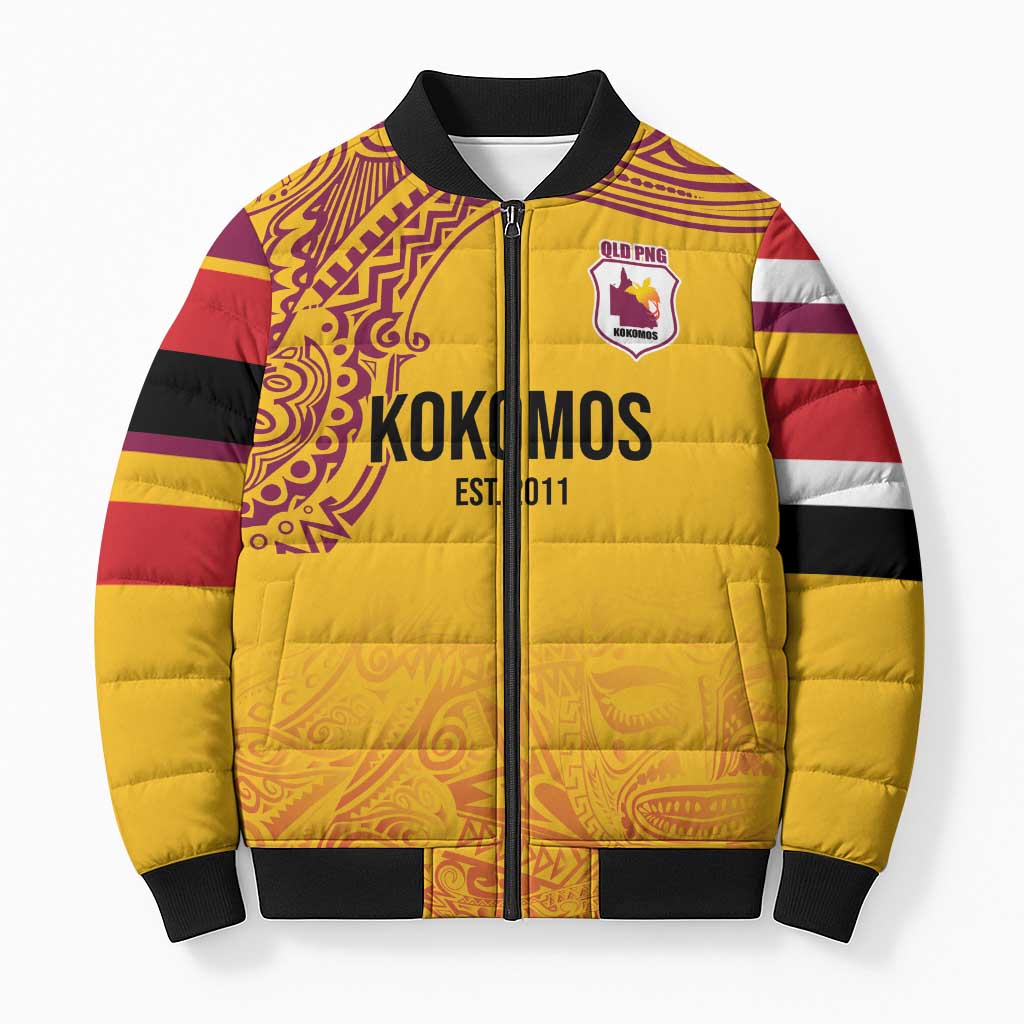 Queensland Papua New Guinea Custom Bomber Puffer Jacket All Gold Pacific PNG Tribal Style - Aussie Hoodie