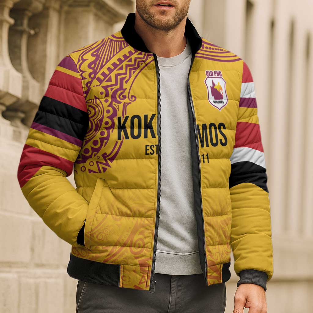 Queensland Papua New Guinea Custom Bomber Puffer Jacket All Gold Pacific PNG Tribal Style - Aussie Hoodie