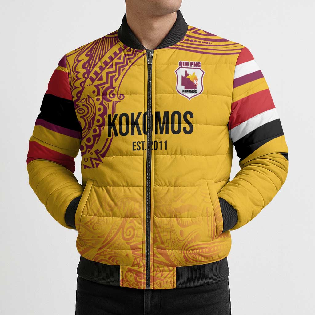 Queensland Papua New Guinea Custom Bomber Puffer Jacket All Gold Pacific PNG Tribal Style - Aussie Hoodie