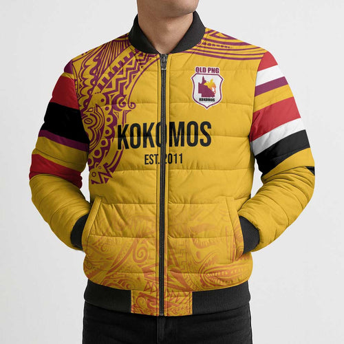 Queensland Papua New Guinea Custom Bomber Puffer Jacket All Gold Pacific PNG Tribal Style - Aussie Hoodie