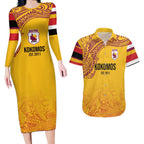 Queensland Papua New Guinea Custom Couples Matching Long Sleeve Bodycon Dress and Hawaiian Shirt All Gold Pacific PNG Tribal Style