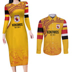 Queensland Papua New Guinea Custom Couples Matching Long Sleeve Bodycon Dress and Long Sleeve Button Shirt All Gold Pacific PNG Tribal Style