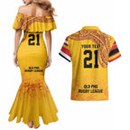 Queensland Papua New Guinea Custom Couples Matching Mermaid Dress and Hawaiian Shirt All Gold Pacific PNG Tribal Style