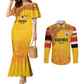Queensland Papua New Guinea Custom Couples Matching Mermaid Dress and Long Sleeve Button Shirt All Gold Pacific PNG Tribal Style