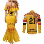 Queensland Papua New Guinea Custom Couples Matching Mermaid Dress and Long Sleeve Button Shirt All Gold Pacific PNG Tribal Style